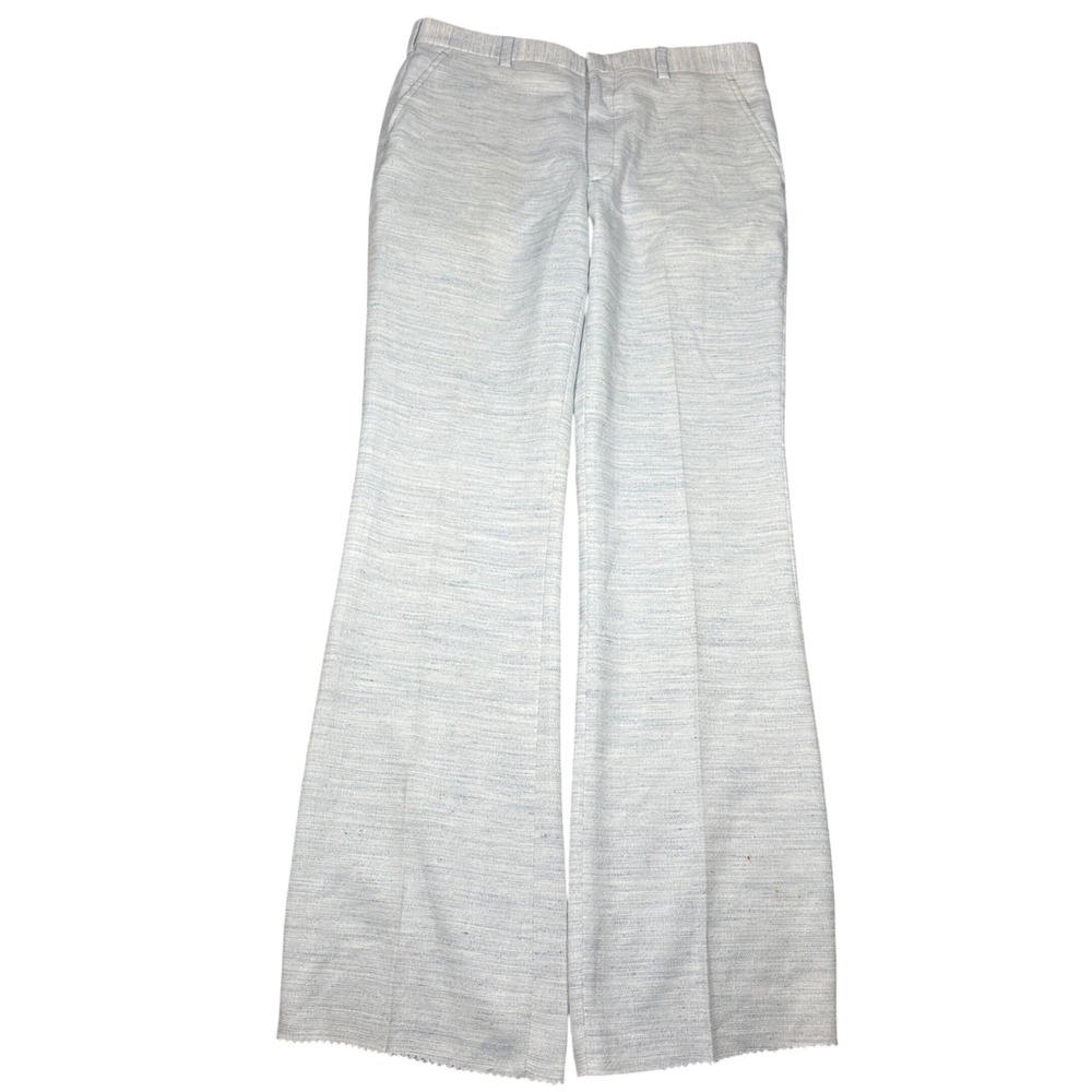 VTG 70s Talon Zipper Textured Slub Trousers Light Blue White Flare Disco Pants